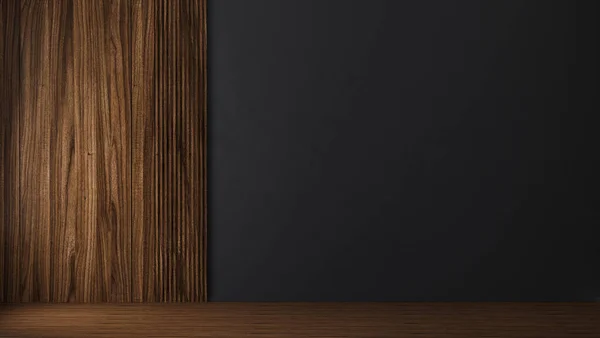 Чорна Стіна Дерев Яною Панеллю Порожній Кімнаті Дерев Яною Підлогою — стокове фото