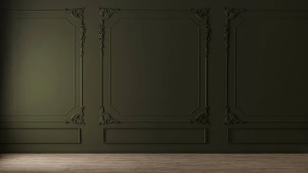 Green wall with classic style mouldings and wooden floor, empty room interior, 3d render