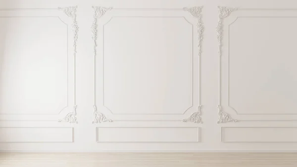 Біла Стіна Класичними Ліпнинами Дерев Яною Підлогою Порожній Інтер Кімнати — стокове фото