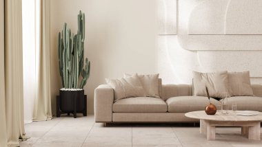 Kanepe, kaktüs ve taş duvar paneliyle bej tonlarda modern oturma odası.