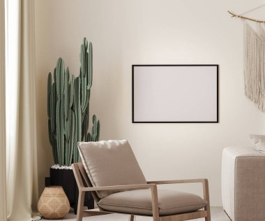 Görüntü yatay çerçevesini bej duvar, koltuk ve kaktüs ile boho iç plan olarak düzenle, 3 boyutlu resimleme