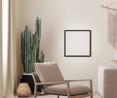 Beyaz duvar, koltuk ve kaktüs ile boho iç arkaplan kare poster çerçeve, 3D resimleme