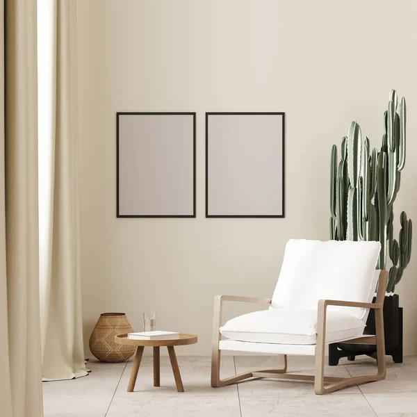 Twee Poster Frame Mock Boho Stijl Interieur Achtergrond Met Witte — Stockfoto