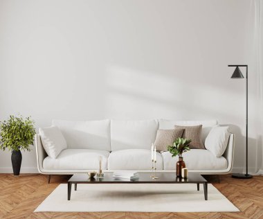 Modern ev içi oturma odası, beyaz kanepe ve dekorlu kahve masası, 3 boyutlu.