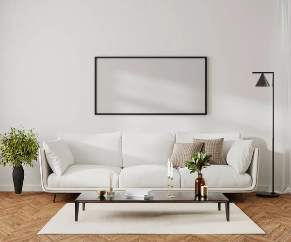 Bilderrahmen Attrappe Modernen Wohnzimmerinterieur Mit Weißem Sofa Und Couchtisch Mit — Stockfoto