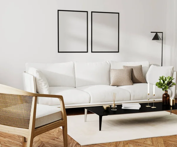 Poster Blank Frame Mock Home Living Room Interior Mit Weißem — Stockfoto