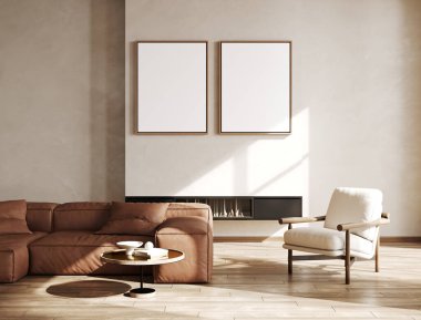 İki dikey poster çerçevesi İskandinav tarzı oturma odası iç mekanı, modern oturma odası iç plan, 3D görüntüleme