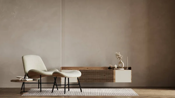 Beige Eigentijds Minimalistisch Interieur Met Fauteuil Blanco Wand Salontafel Decor — Stockfoto