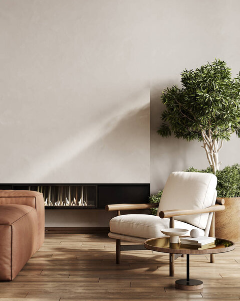 Modern living room interior in beige tones with sofa, armchair, and coffee table, 3d render