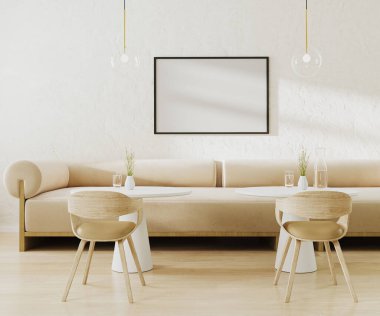 Resim çerçevesi açık bej kanepede, yuvarlak kahve masaları ve sandalyeli, 3D resimli.