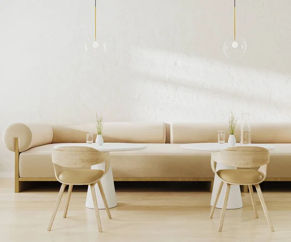 Modern Cafe Interieur Beige Tinten Met Witte Stenen Muren Houten — Stockfoto