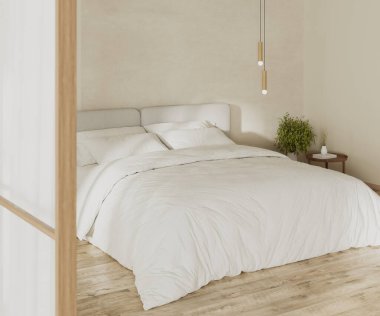 Yatak odasının içi büyük yatakla, yakın yatakla, üzerinde kolye ışığı olan komodinlerle, duvarda güneş ışığıyla, 3D görüntülerle süslenir.