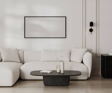 Çerçeve, beyaz kanepe ve beyaz pervazlı duvar ile modern oturma odasında taklit siyah beyaz Fransız tarzı, 3D canlandırma