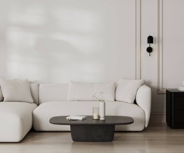 beyaz kanepeli modern oturma odası ve pervazlı duvar, siyah beyaz Fransız tarzı, 3D