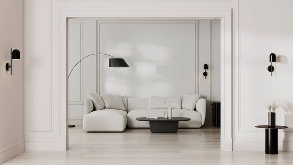 Modern Living Room Interior French Style Moldings Black White Interior — Stock Photo, Image