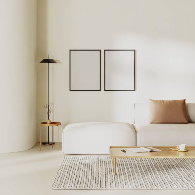 Minimalist oturma odasının içinde boş poster çerçeveleri kıvrımlı duvarlar, yastıklı kanepe ve bej alçı duvarlar. İç modelleme, 3D canlandırma
