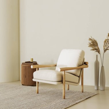 Kavisli duvarı, koltuğu, boş duvarı, sehpası, halısı ve dekoru olan bej çağdaş minimalist iç mimari. 3d resimleme modellemesi
