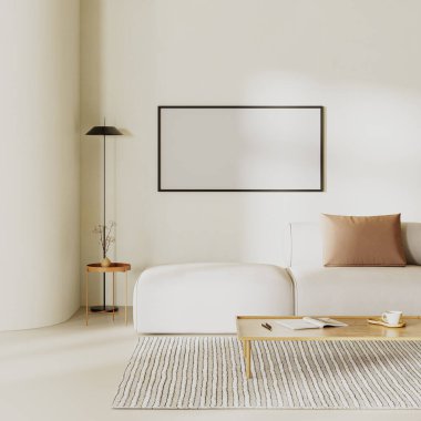 Minimalist oturma odasının içinde boş bir çerçeve, kıvrımlı duvarlar, yastıklı kanepe ve bej alçı duvarlar, İç modelleme, 3D canlandırma