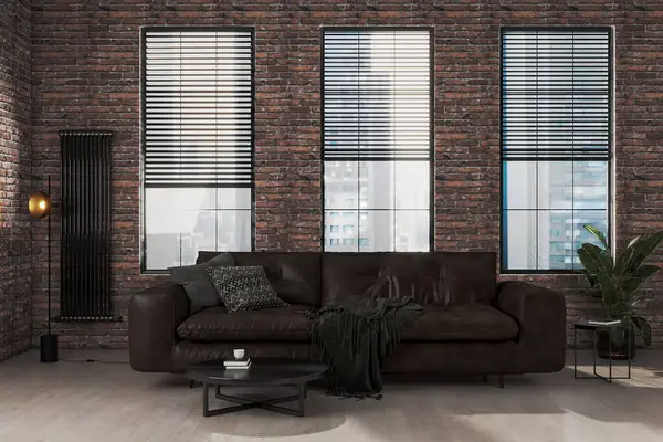 Modernt Vardagsrum Interiör Med Mörkbrun Lädersoffa Tegelvägg Lägenhet New York Stockbild