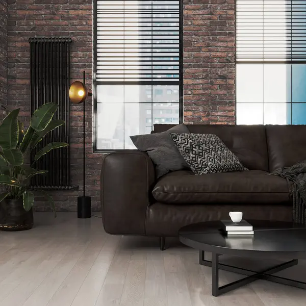 Modern Oturma Odası Içi Koyu Kahverengi Deri Kanepe Tuğladan Apartman Stok Resim