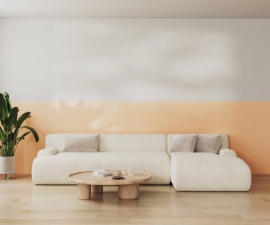 Beyaz ve şeftali tüyü duvarlı modern oturma odası. Masalı büyük beyaz kanepe. 3 boyutlu.