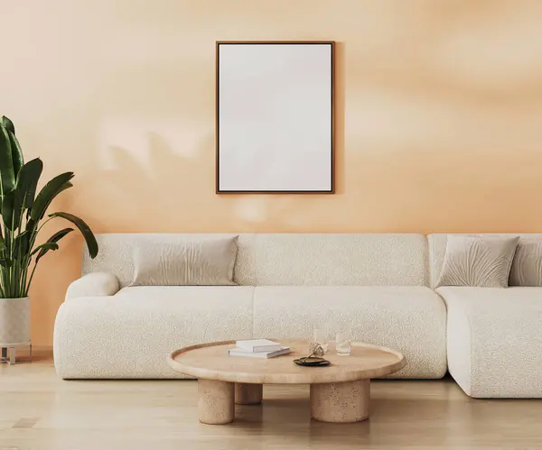 Blank frame mock up in modern living room interior in peach fuzz color, 3d rendering