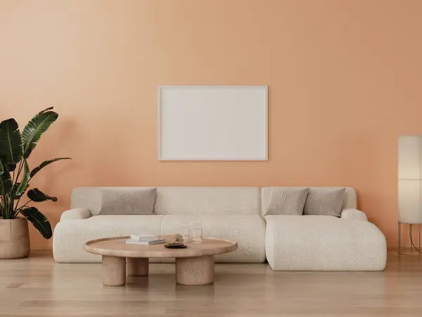 Horizontalrahmen Attrappe Modernem Wohnzimmerinterieur Pfirsichfarbener Fuzz Farbe Rendering — Stockfoto
