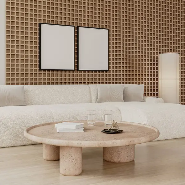 Çerçeveler Modern Oturma Odasının Içini Ahşap Duvar Paneli Beyaz Kanepe Telifsiz Stok Imajlar