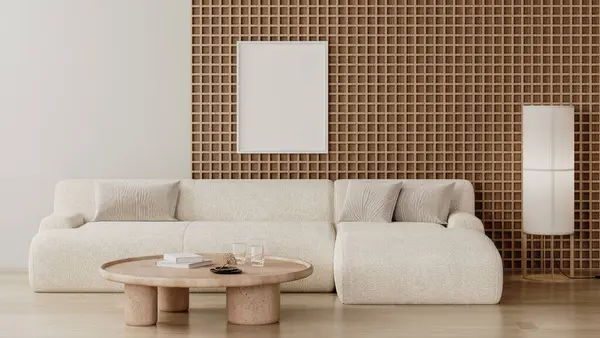 Çerçeve Modern Oturma Odasının Içini Ahşap Duvar Paneli Beyaz Kanepe - Stok İmaj