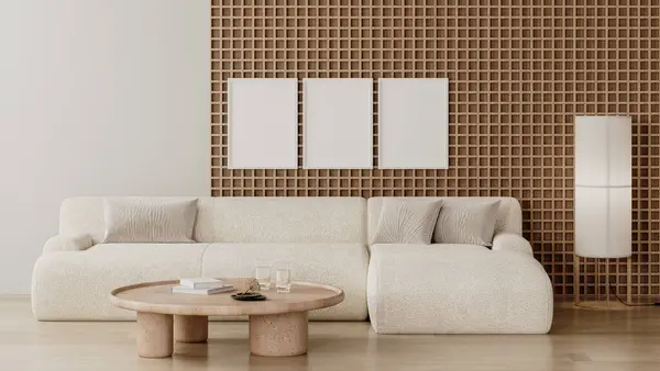 Çerçeveler Modern Oturma Odasının Içini Ahşap Duvar Paneli Beyaz Kanepe Telifsiz Stok Imajlar
