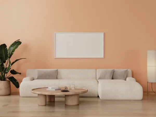 Yatay Çerçeve Modern Oturma Odasının Içini Şeftali Tüyü Renginde Renginde Telifsiz Stok Fotoğraflar