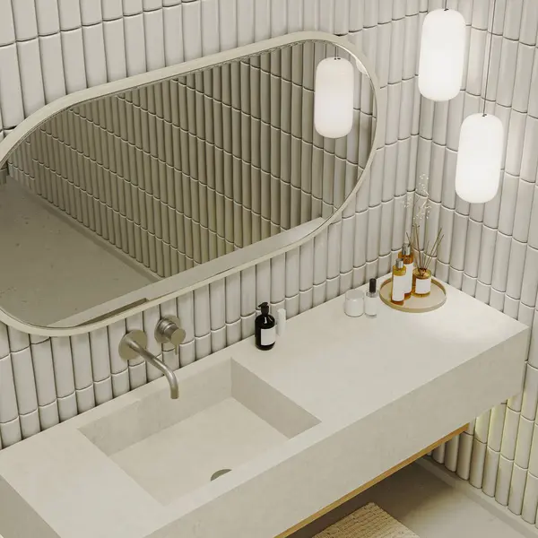 modern banyo içi taş lavabo ve metal musluk, ayna, tuvalet malzemeleri ve kozmetik ürünleri, 3D görüntüleme