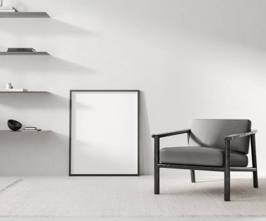 Çağdaş odanın içinde, modern siyah mobilyalarla gri betonla yapılmış boş çerçeve modeli.