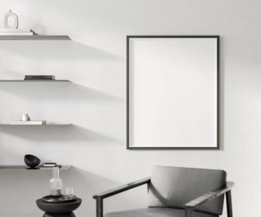 Modern oda içinde modern siyah mobilyalarla gri betondan yapılmış çerçeve modelini kapat.