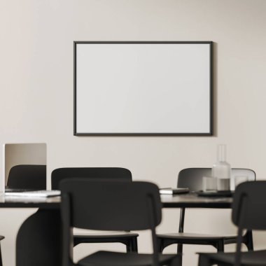 Ofis konferans masasının üstündeki boş çerçeve, dizüstü bilgisayarlı ve defterli, 3D yenilenmiş.