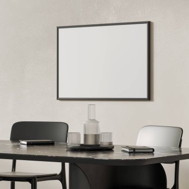 Siyah tablo, defterler ve su bardakları seti ile modern iç mekan boş çerçeve modeli, 3D render