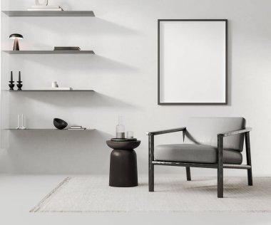 Modern oda içinde boş çerçeve modeli gri beton modern siyah mobilyalar, 3D döşeme
