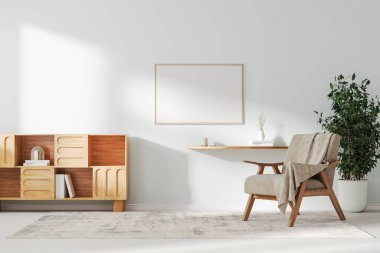 Oturma odasındaki çerçeve modellemesi arka planda koltuk ve dolap, 3D görüntüleme