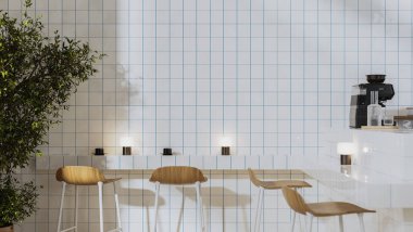 Minimalist kafenin içinde ahşap tabureler, beyaz ve mavi fayanslı duvarlar, kahve makineli bar tezgahı, 3D