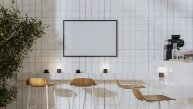 Boş yatay çerçeve, modern kahve dükkanının içinde beyaz fayanslar, bar tabureleri ve kahve demleme ekipmanlı tezgah, 3D işlemeli.