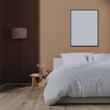 Boş çerçeve modeli modern yatak odasının içinde kahverengi moka rengi duvar, 3D renkte.
