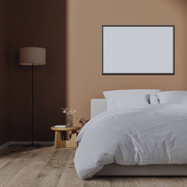 Boş yatay çerçeve modeli modern yatak odasının içinde kahverengi mocha mus rengi duvar, 3D renkte.