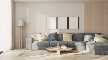 Modern oturma odasındaki ahşap panelli beyaz bir duvarda üç boş çerçeve. İçi mavi kanepe, 3 boyutlu.