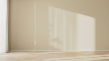 İçinde bej duvarlar olan boş bir oda. Pencereden gelen güneş ışığı, ahşap zemin, 3D çizim.