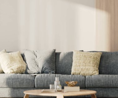 Oturma odasındaki beyaz boş bir duvara yakın çekim, mavi kanepe ve dekorlu masa, 3 boyutlu.