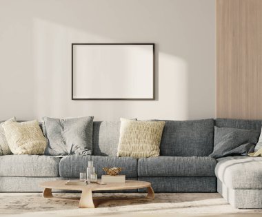 Yatay çerçeve, iç mekânda mavi kanepe ve duvarında ahşap paneli olan bir masa.