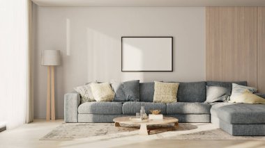 Beyaz bir duvarda yatay çerçeve modeli. Kanepenin üstünde tahta panel ve modern oturma odasının oturma odası bölgesinde yastıklar var.