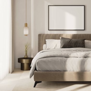 yatay çerçeve modern yatak odasının iç kısmında yatağın üstünde 3D görüntüleme