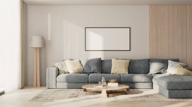 Beyaz bir duvarda yatay çerçeve modeli. Kanepenin üstünde tahta panel ve modern oturma odasının oturma odası bölgesinde yastıklar var.