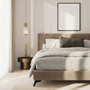 Modern yatak odasının iç kısmında yatağın üstünde 3D model poster çerçevesi.